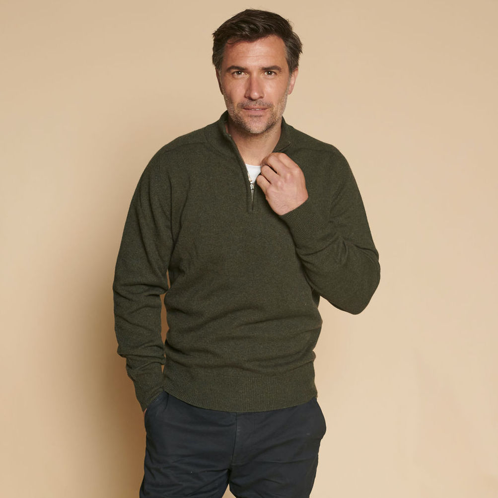 Mens Zip Neck Jumper - Dark Green