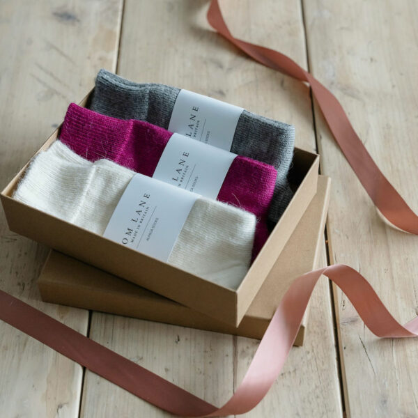 Alpaca socks gift box – Berry, cream & grey